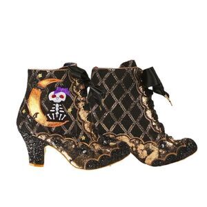 New Irregular Choice Kitty In The Moon Ankle Boots Black Gold Womens US 9 - 9.5